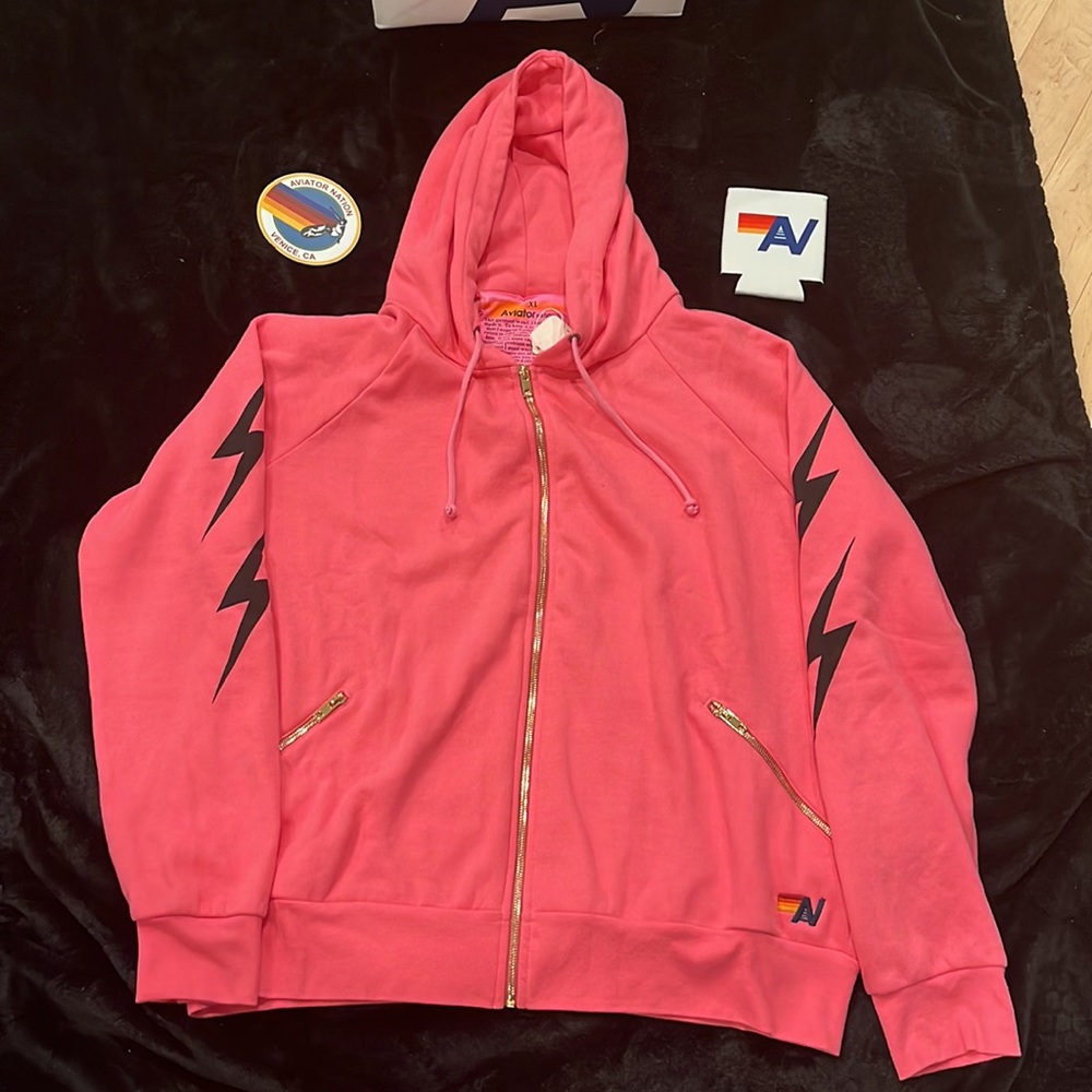 NWT Aviator Nation Bolt 4 Relaxed Zip Hoodie with Pockets Paris Pink XL